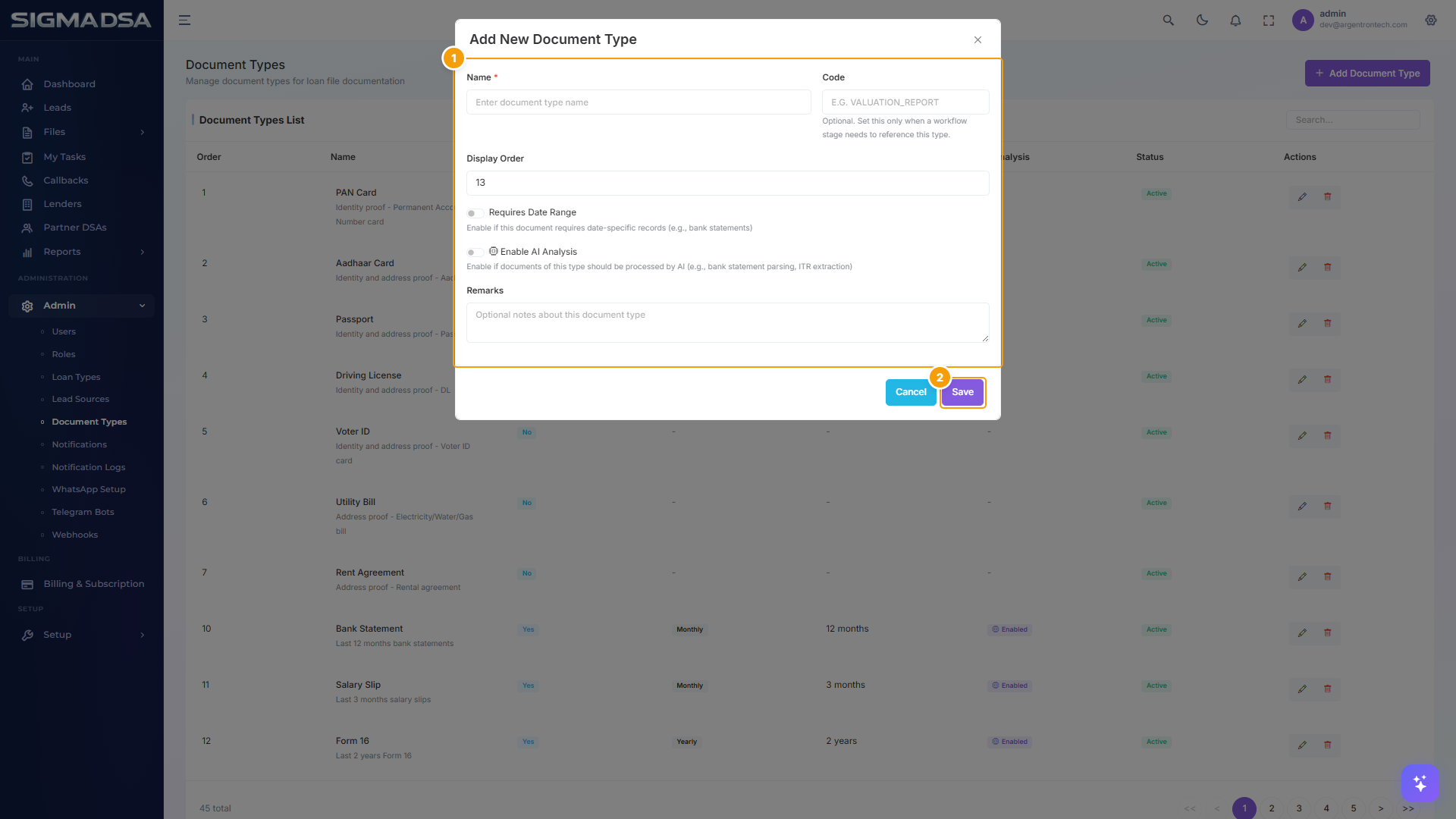 Add Document Type modal with form fields and Save button highlighted