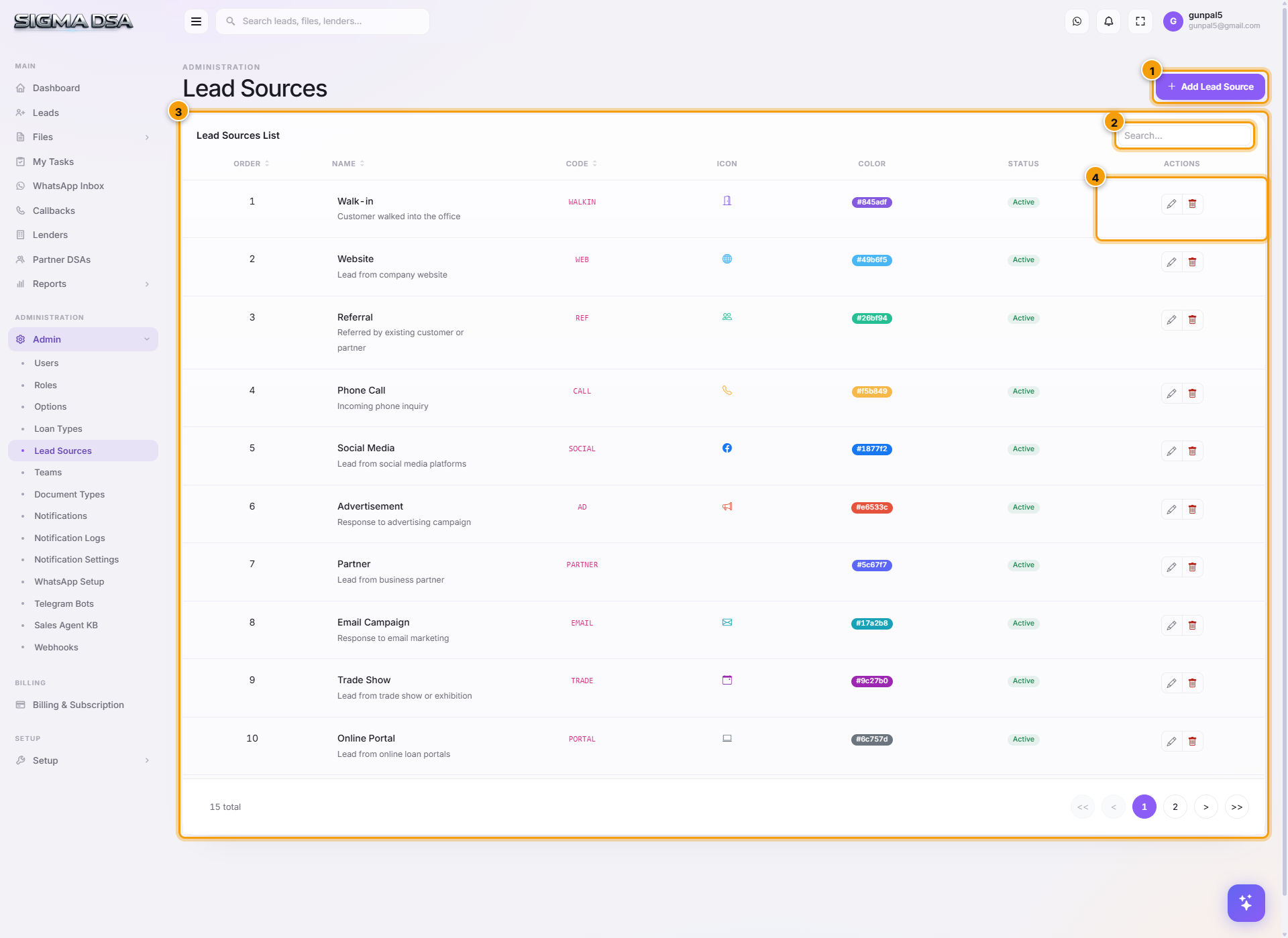 Lead Sources list with Add Lead Source button and source table highlighted