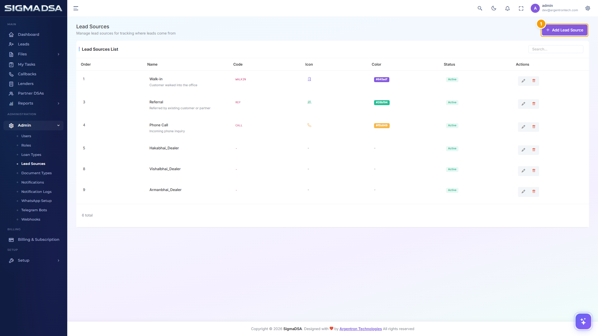 Lead Sources list with Add Lead Source button and source table highlighted