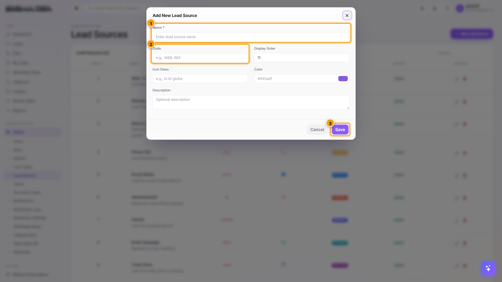 Add Lead Source modal with form fields and Save button highlighted