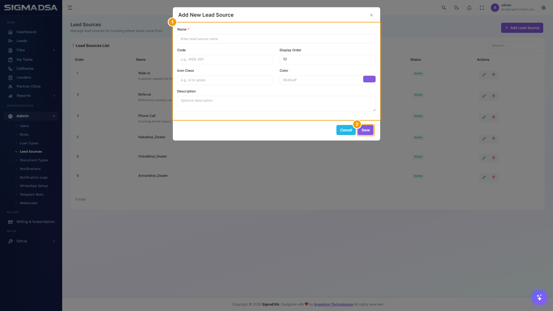 Add Lead Source modal with form fields and Save button highlighted
