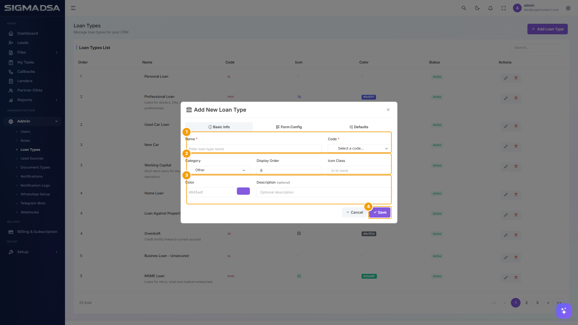 Add New Loan Type modal with field groups highlighted and Save button