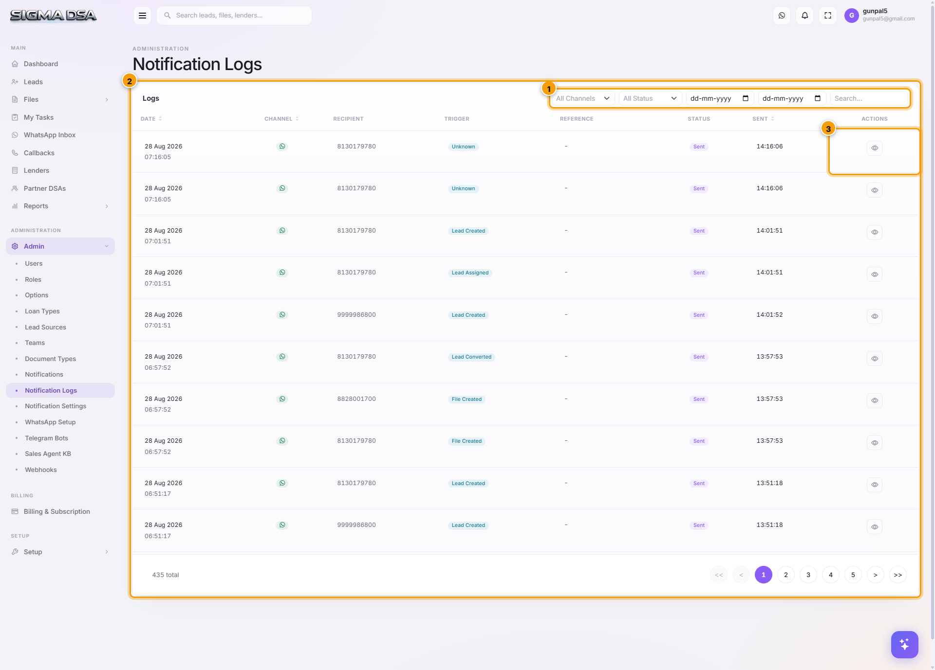 Notification Logs page with filter row and logs table highlighted