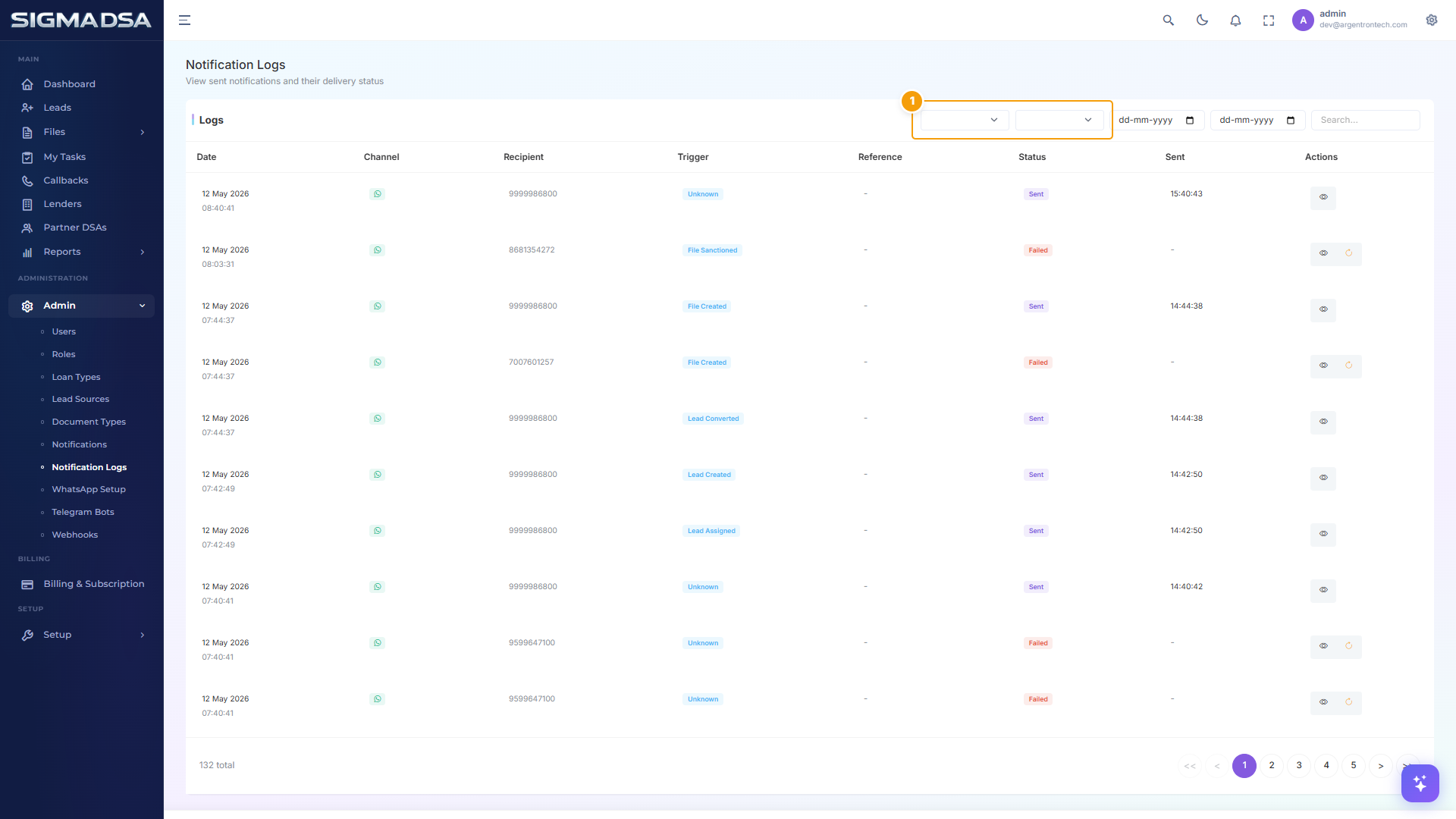 Notification Logs page with filter row and logs table highlighted