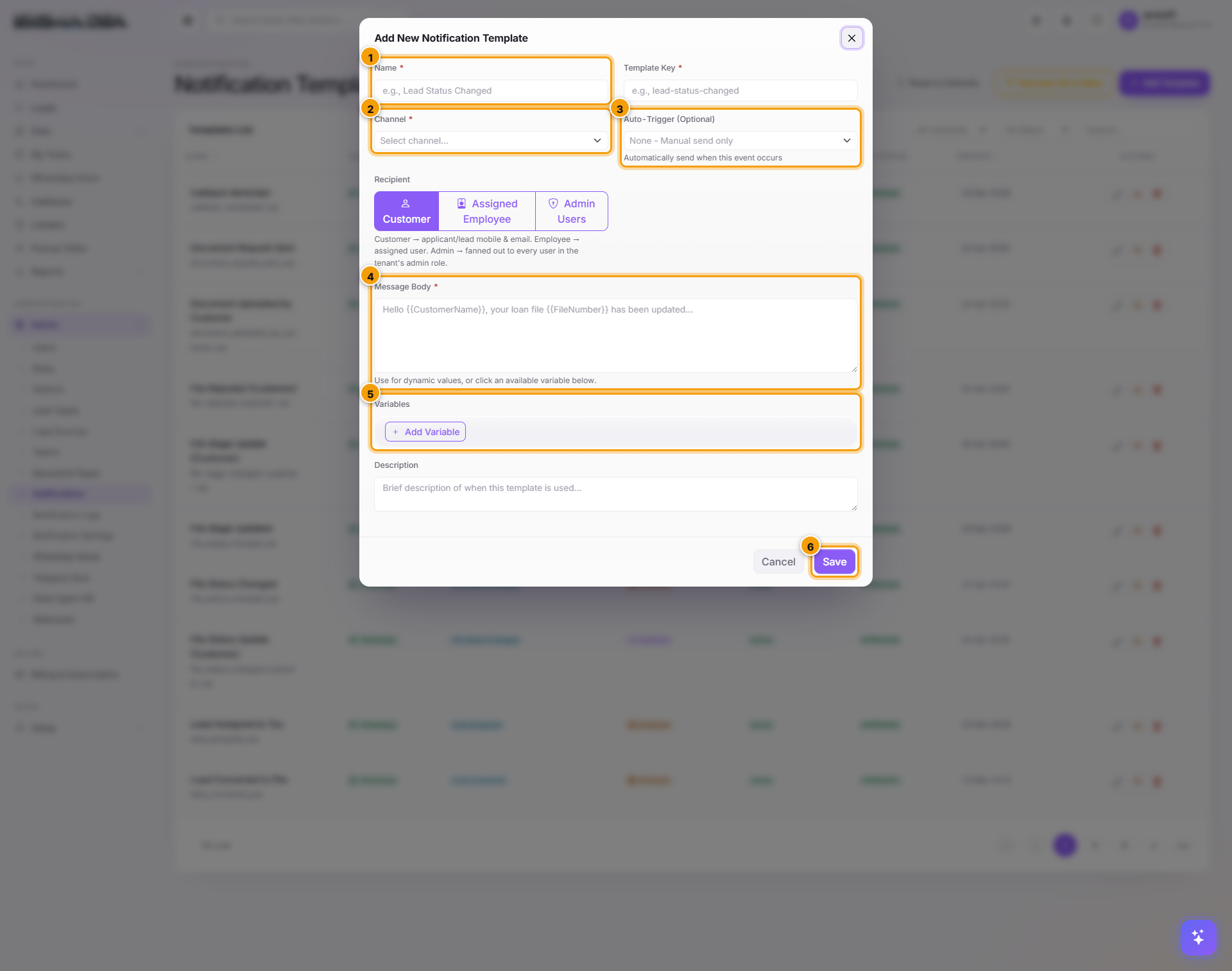 Add Notification Template modal with field groups highlighted and Save