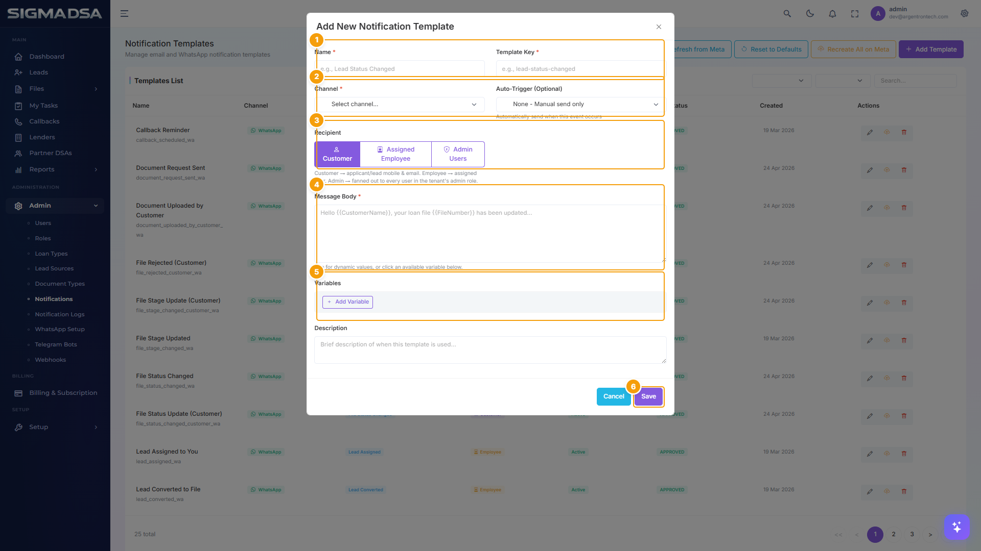 Add Notification Template modal with field groups highlighted and Save