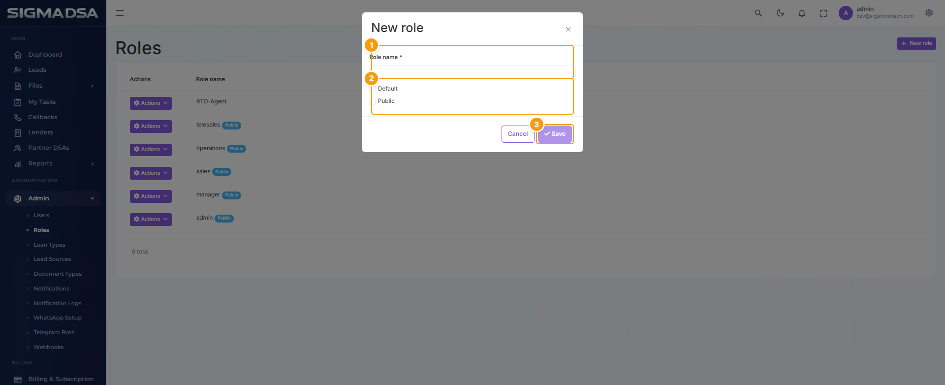 New Role modal with Role name, Default + Public checkboxes, and Save button highlighted