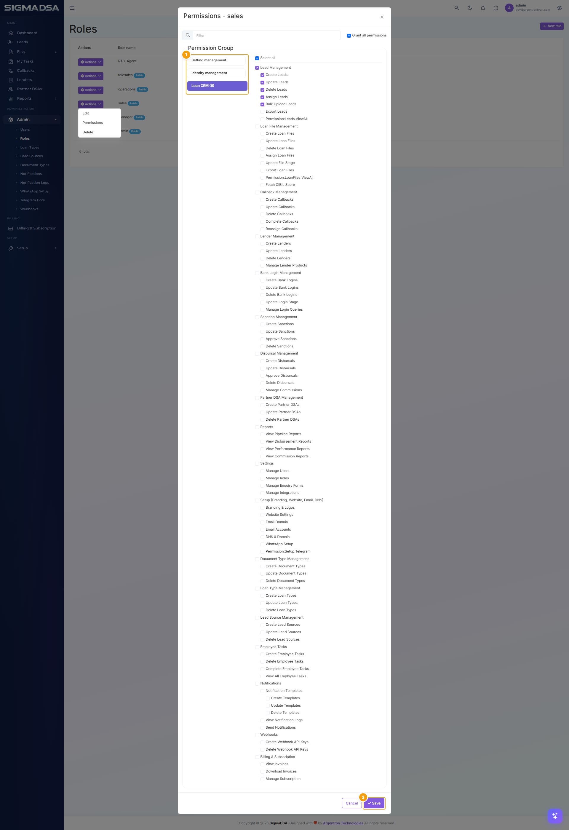 Role Permissions modal with permission groups on the left and Loan CRM permission tree on the right