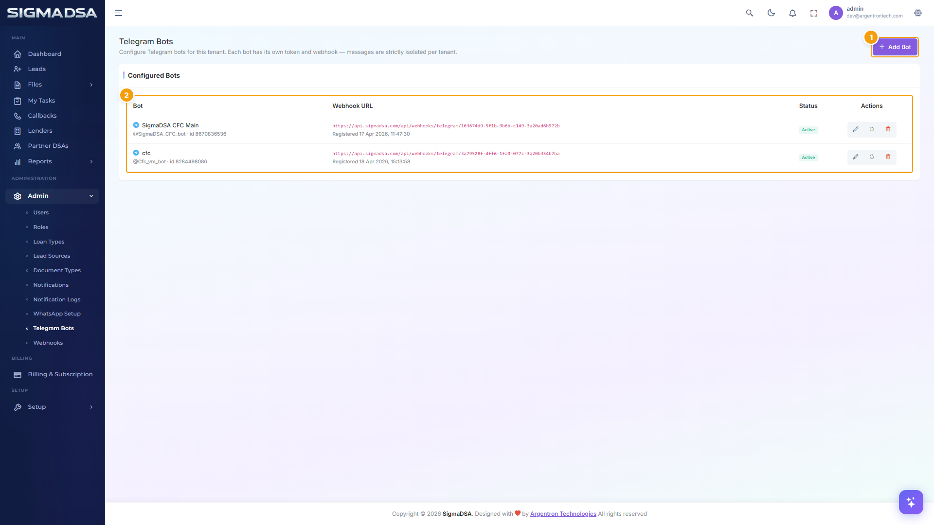 Telegram Bots page with Add Bot button and configured bots table highlighted