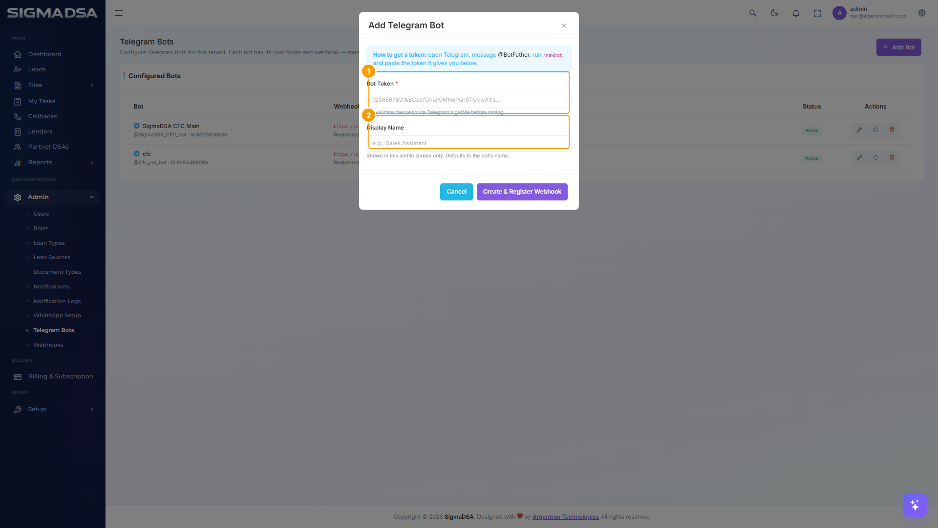 Add Telegram Bot modal with Bot Token, Display Name, and Save button highlighted