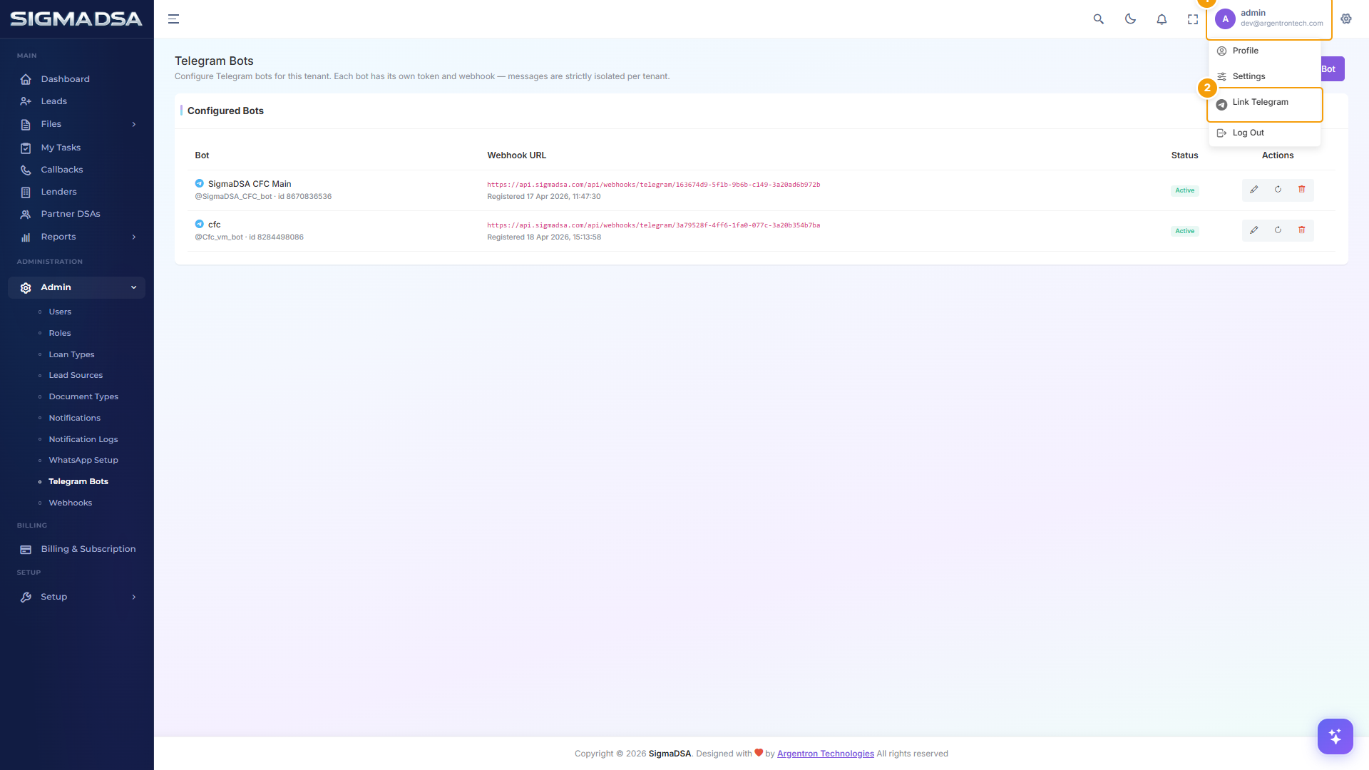 User menu open showing Profile, Settings, Link Telegram, Log Out items highlighted