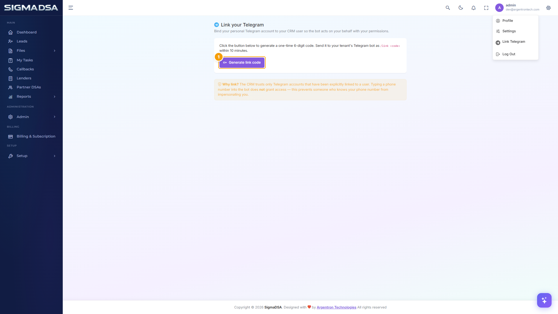 Link your Telegram page with Generate link code button and Why link card highlighted
