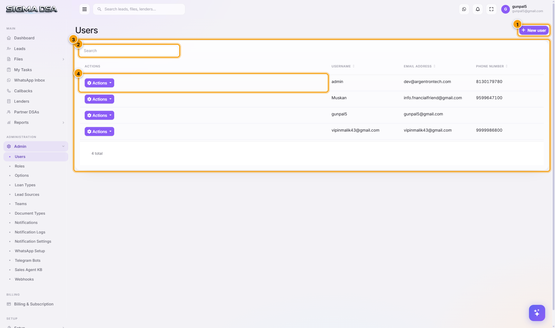 Users list with New user button, table, and per-row Actions highlighted