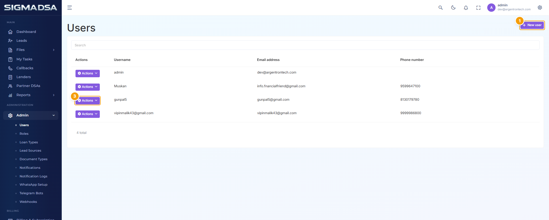 Users list with New user button, table, and per-row Actions highlighted