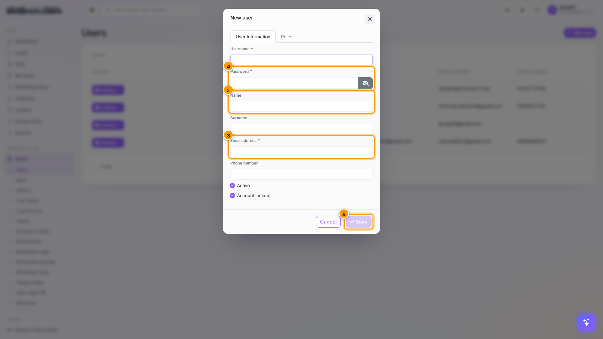 New User modal with tab strip, identity fields, account fields, and Save button highlighted