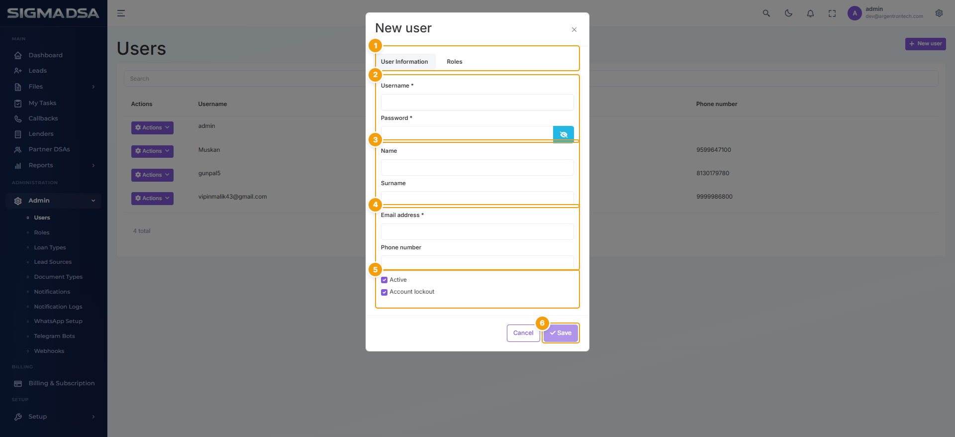 New User modal with tab strip, identity fields, account fields, and Save button highlighted