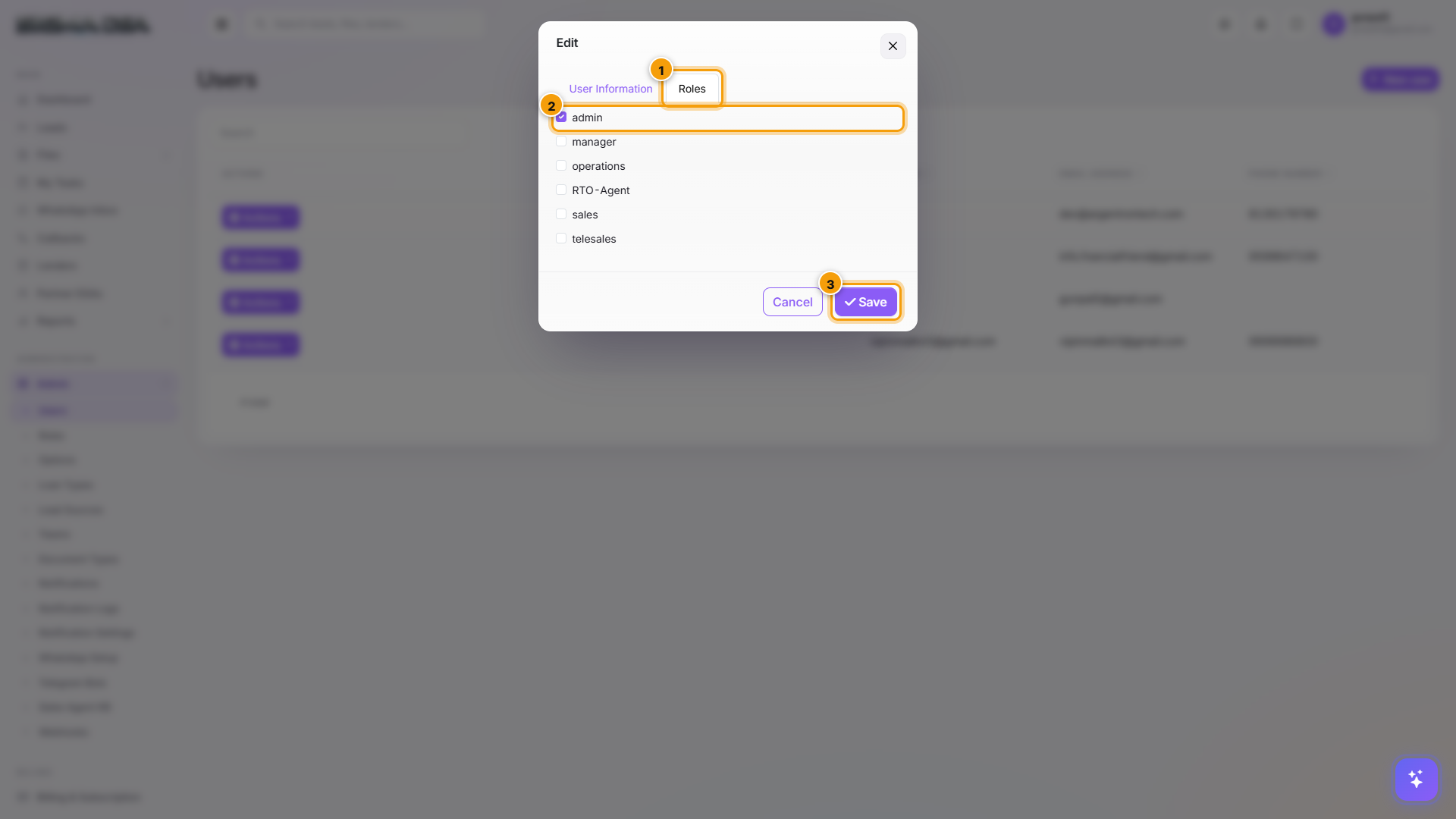Roles tab of the New User modal with the role checklist highlighted