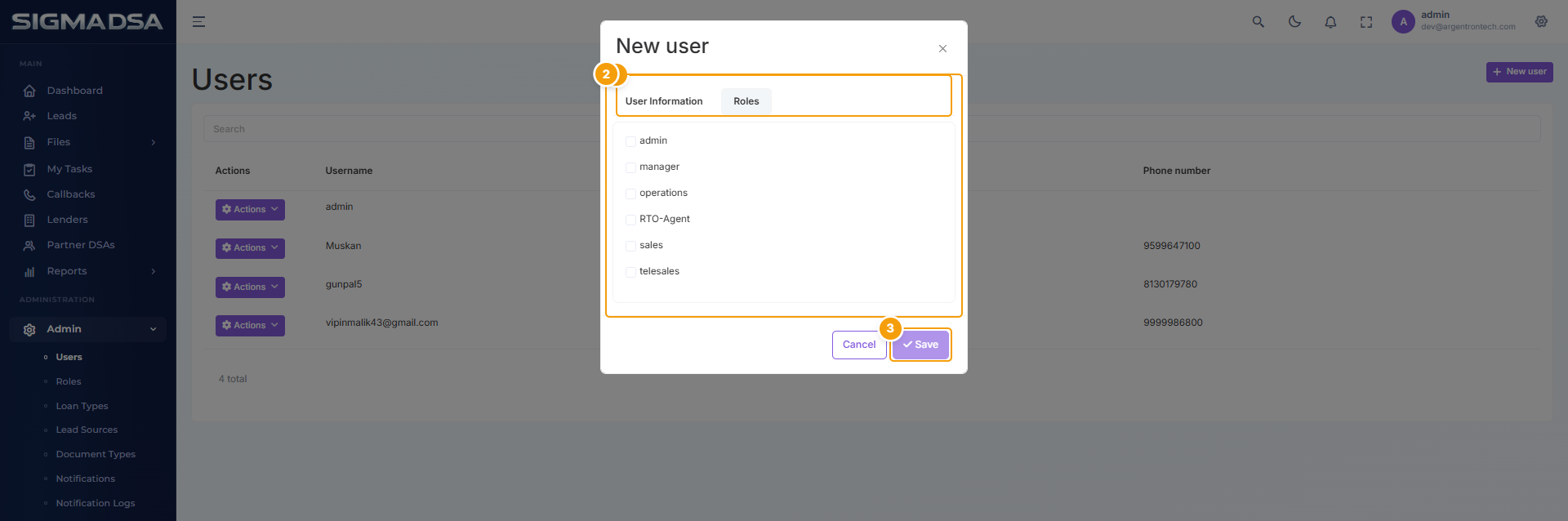Roles tab of the New User modal with the role checklist highlighted