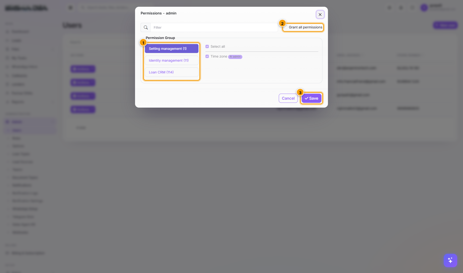 User Permissions modal with permission groups on the left and Loan CRM permission tree on the right