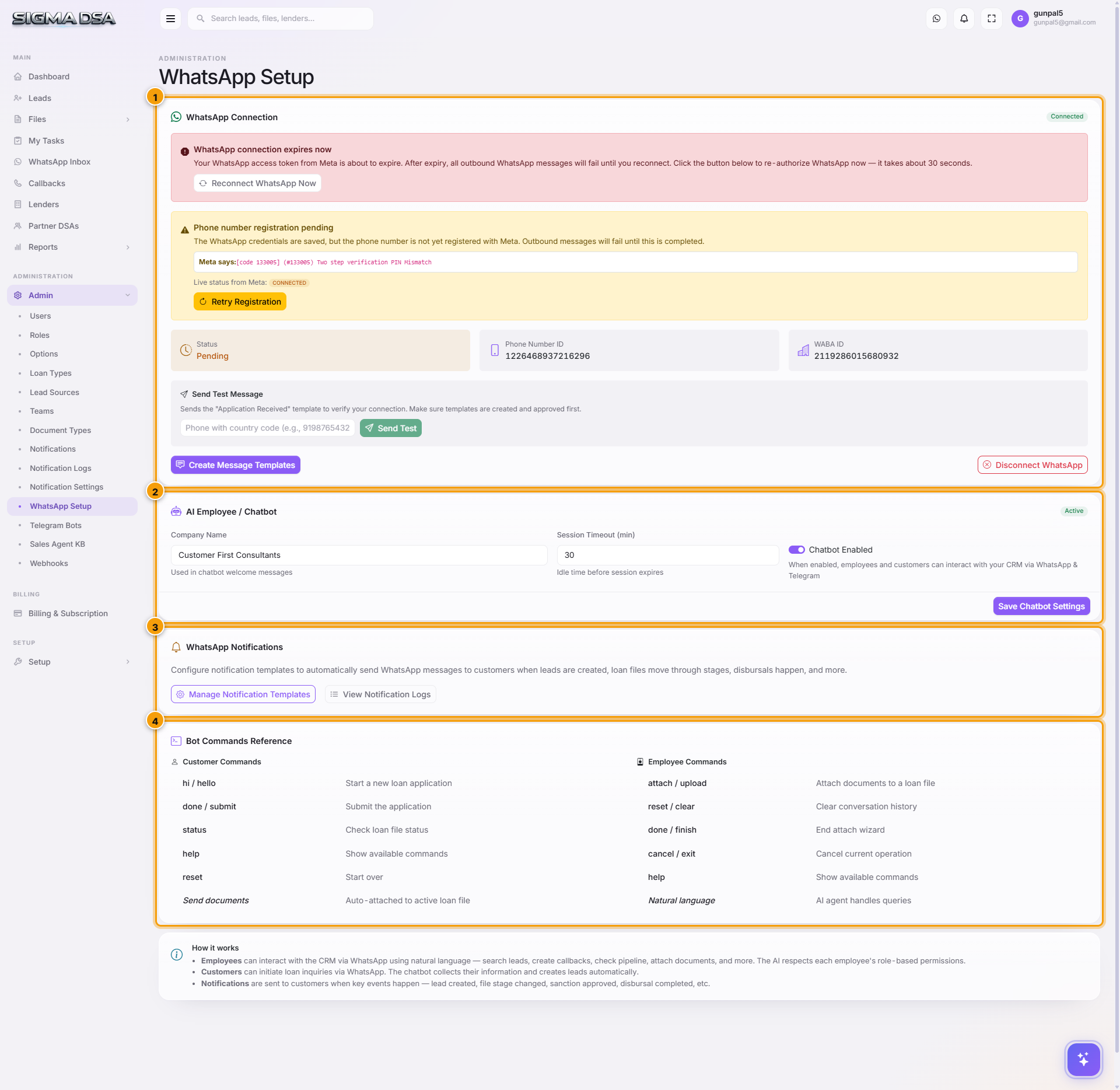 WhatsApp Setup page with connection status, Connect WhatsApp button, and How it works section highlighted