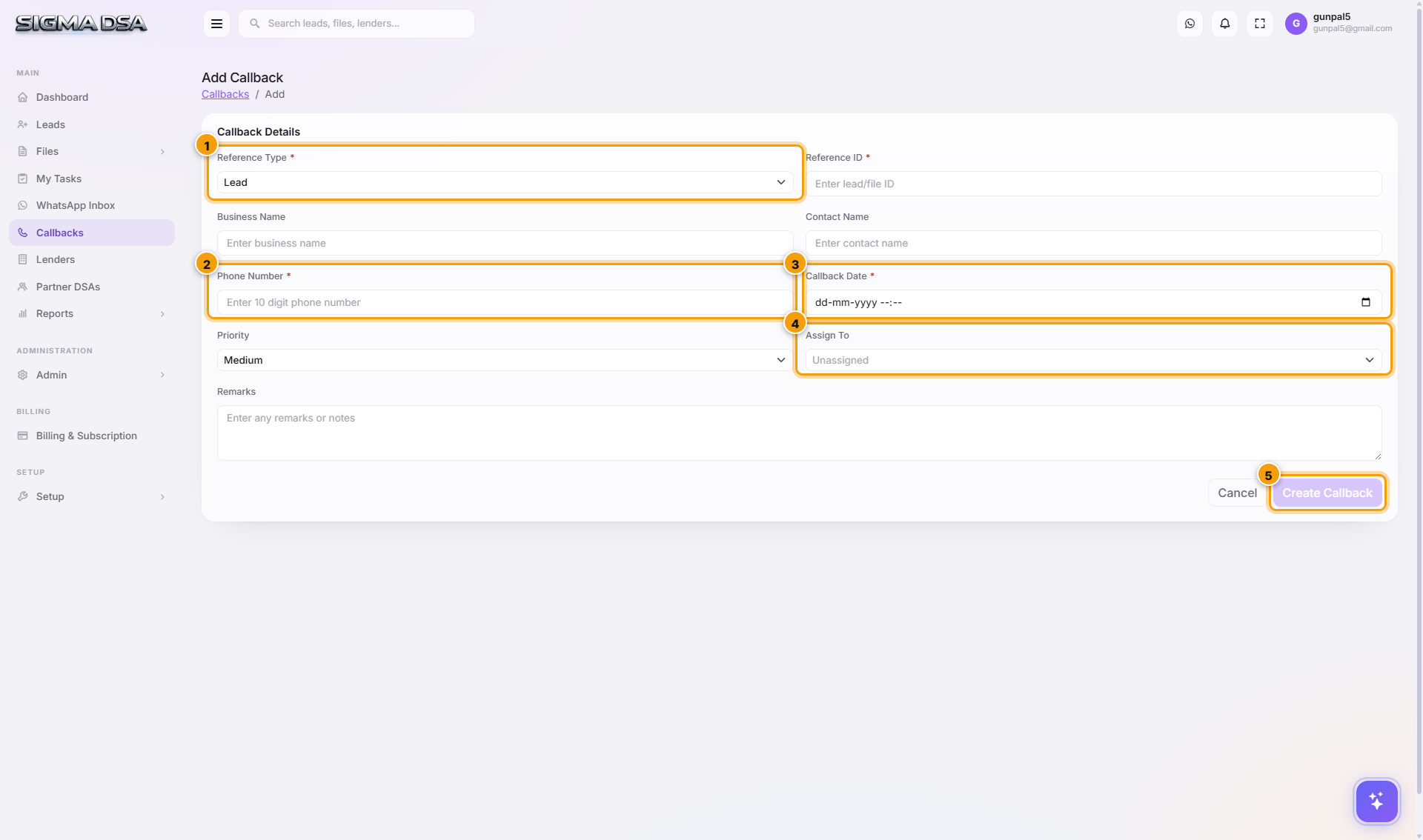 Add Callback form with Reference Type, Reference ID, Business Name + Contact Name, Phone + Callback Date, Priority, Remarks, and Create Callback button highlighted