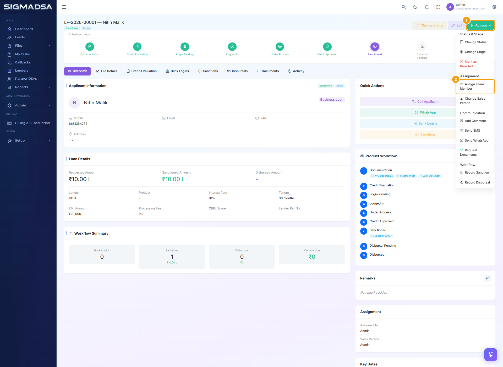File detail page header with Actions dropdown open and Assign Team Member highlighted