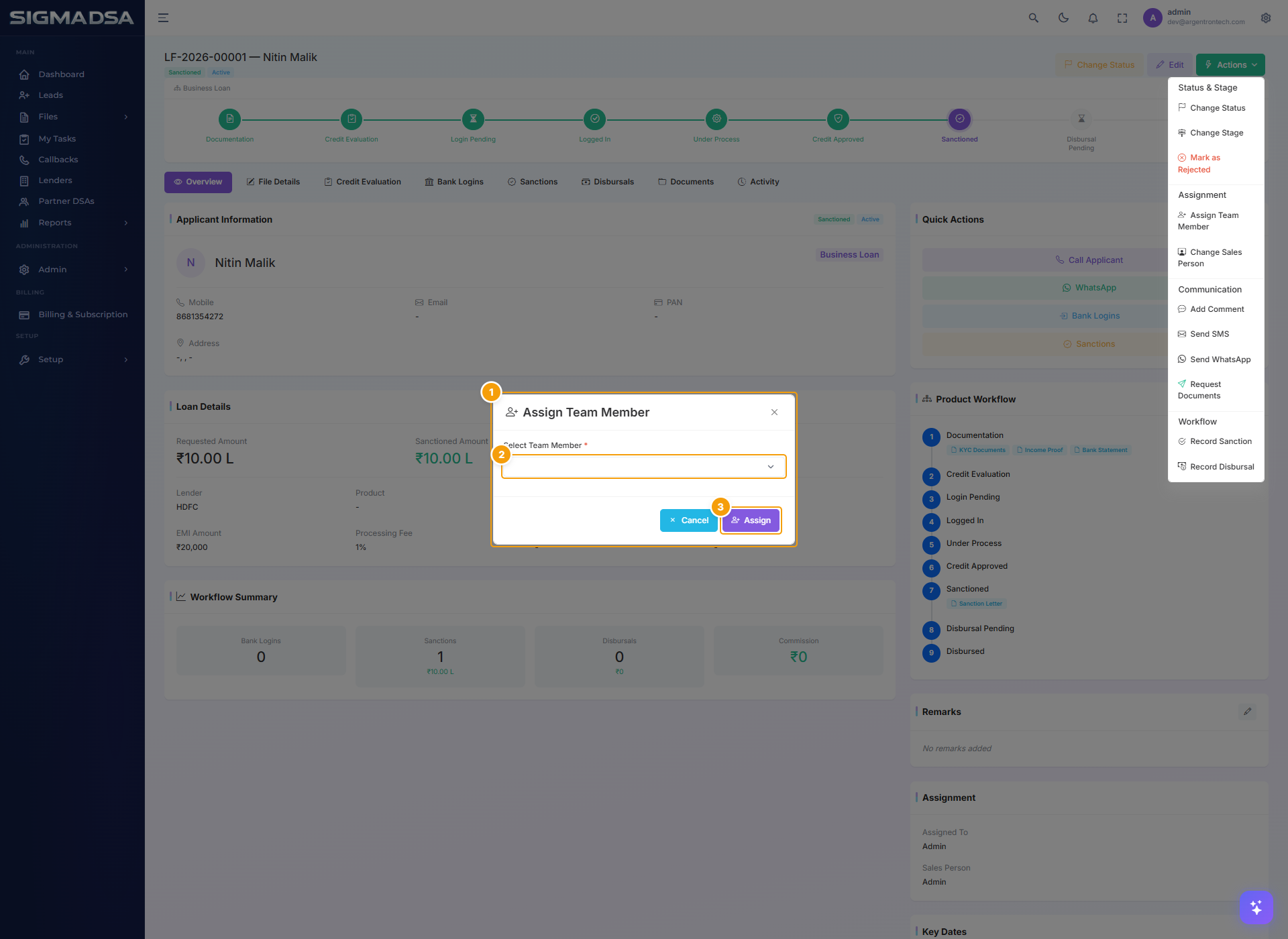Assign Team Member modal with the team member dropdown and Assign button highlighted