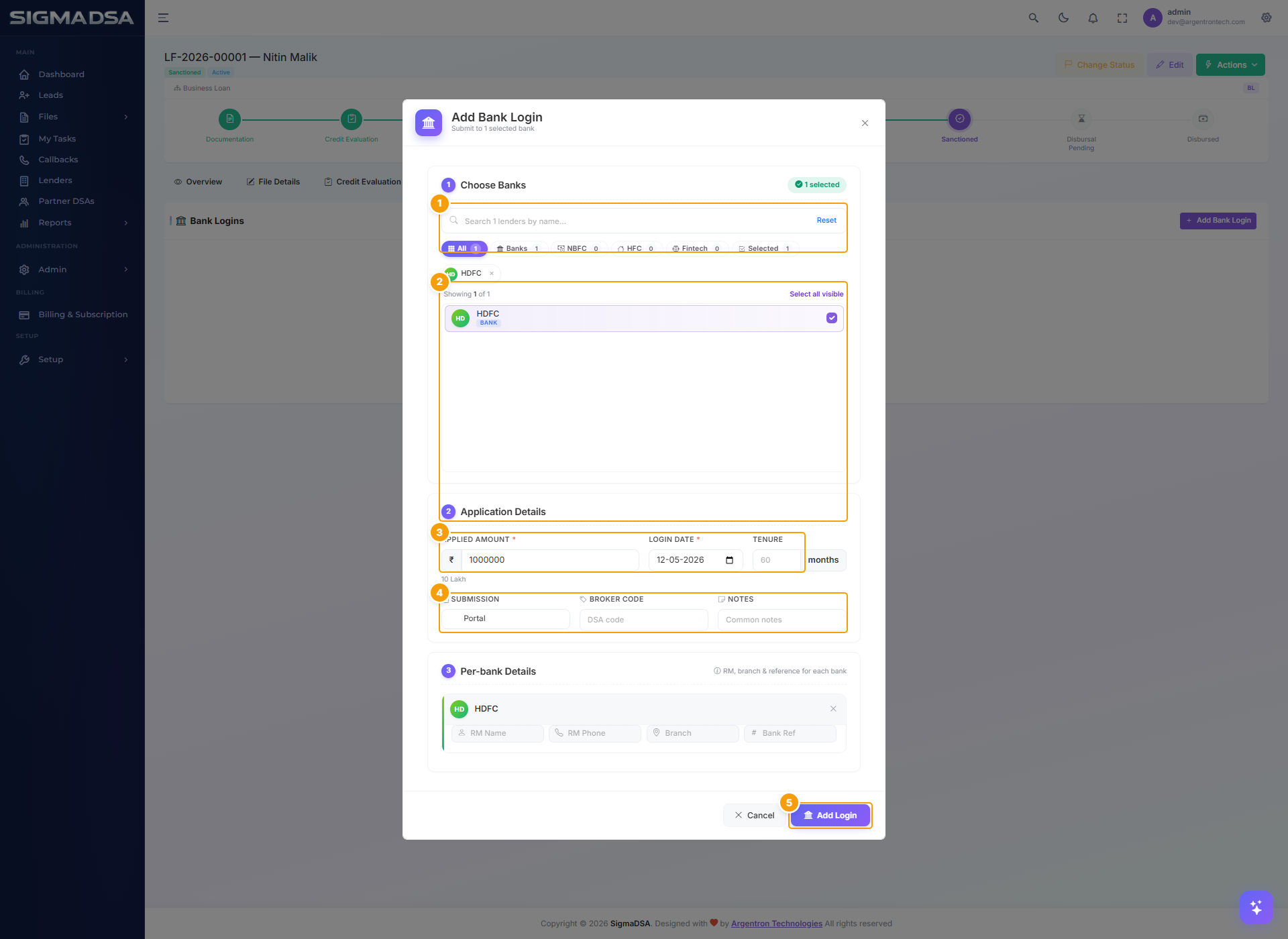 Add Bank Login modal with five numbered regions highlighted in orange