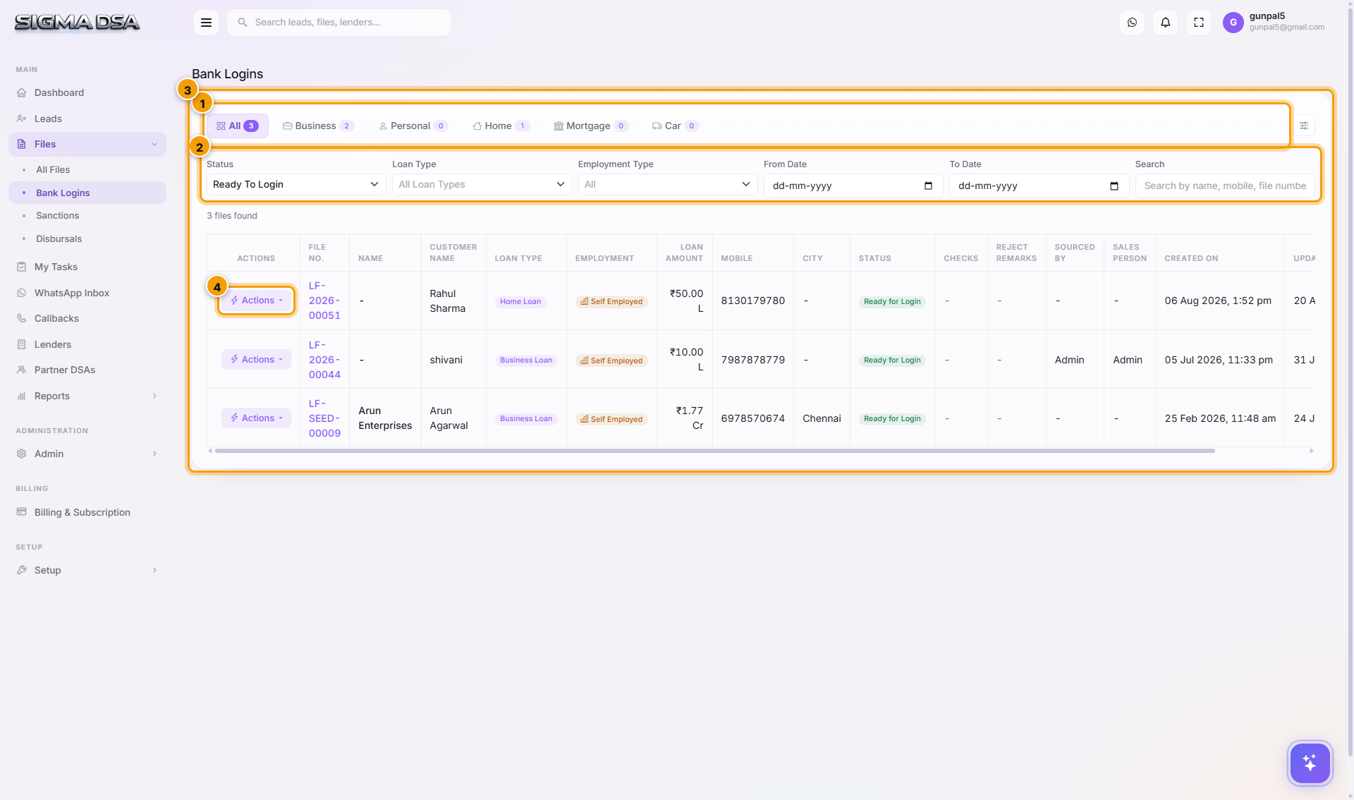 Bank Logins page with the category tabs, filters, table and row Actions highlighted