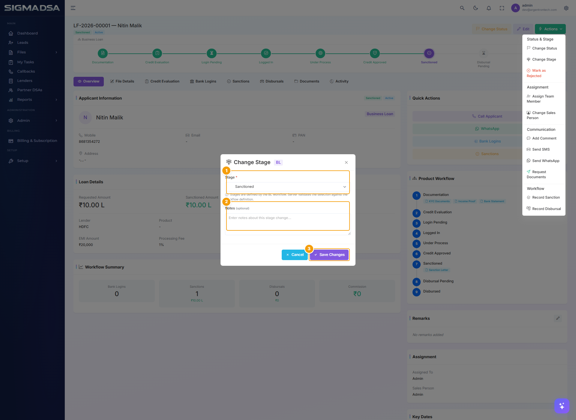 Change Stage modal with Stage dropdown, Notes, and Save Changes highlighted