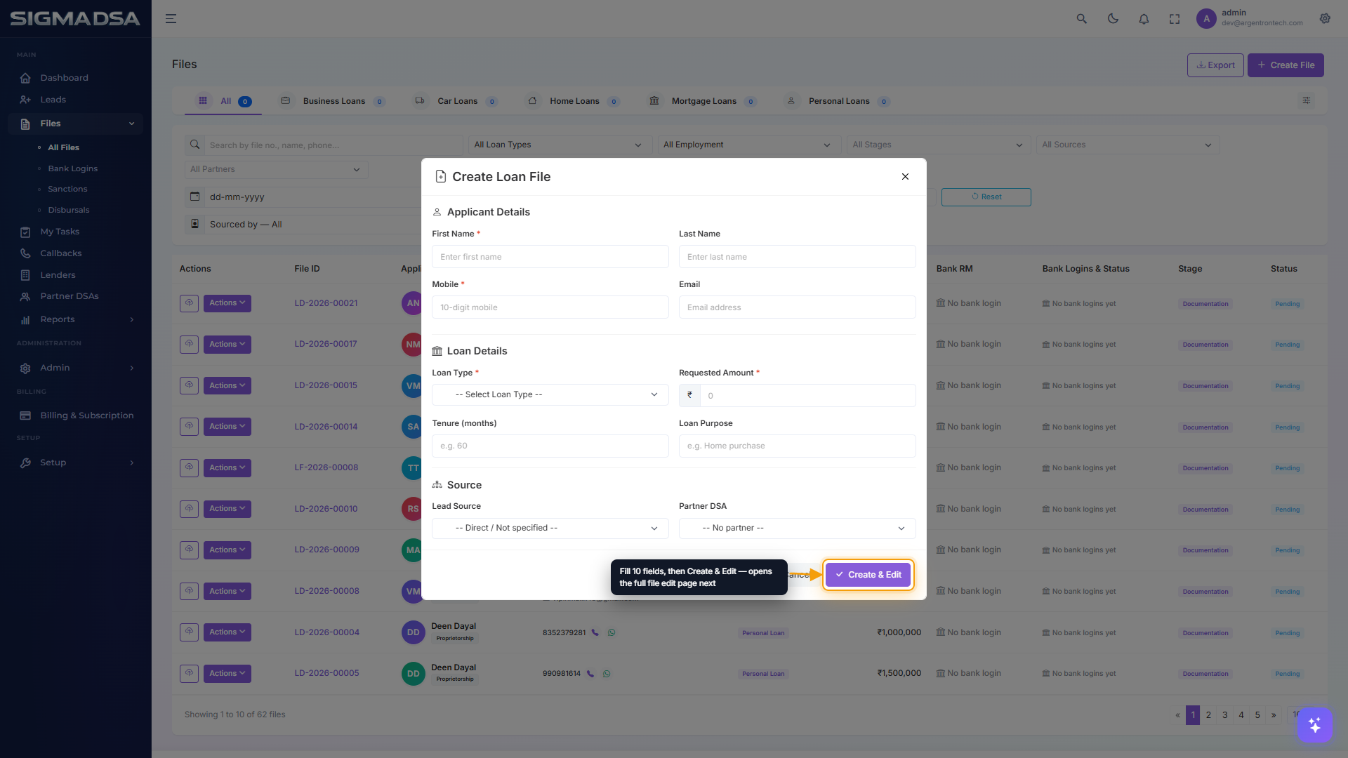 Create Loan File modal with ten fields and the Create & Edit button highlighted