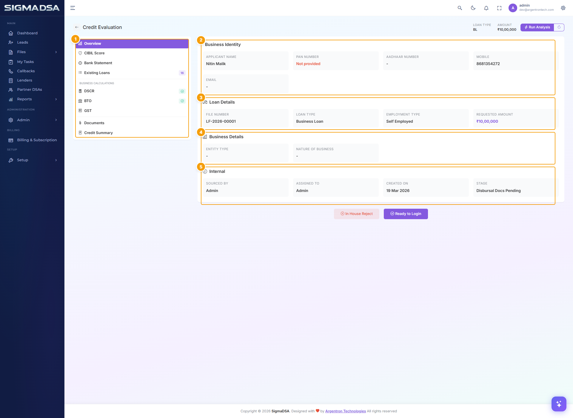 Credit Evaluation editor with the section sidebar on the left, currently showing the Overview section with Business Identity, Loan Details, Business Details, and Internal cards