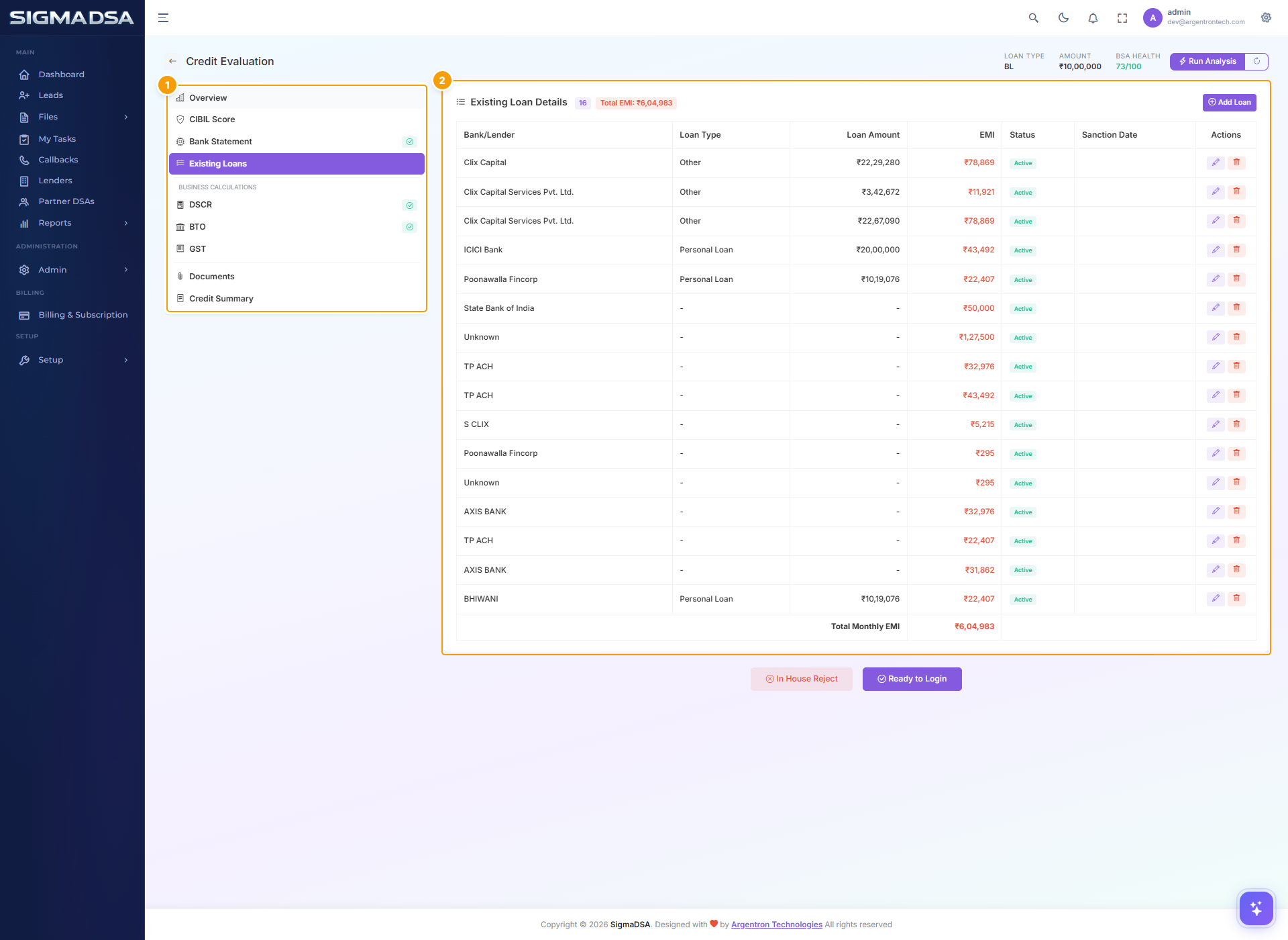 Existing Loans section showing rows of running EMI obligations auto-populated from bureau and BSA