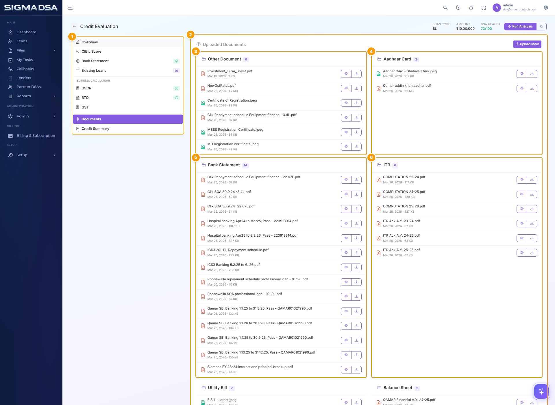 Documents section inside the Credit Evaluation editor