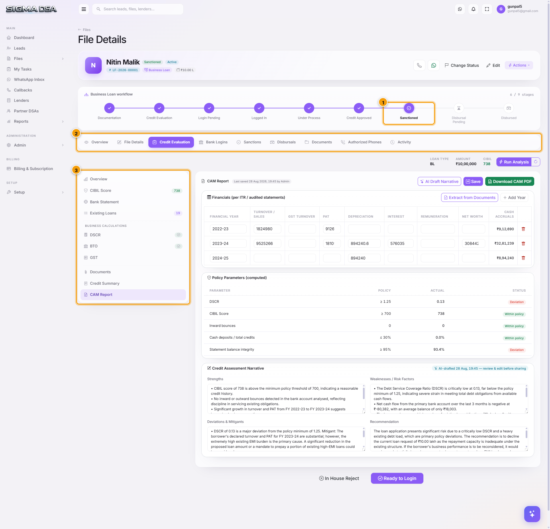 CAM Report section of the Credit Evaluation editor with the section list and spreads highlighted