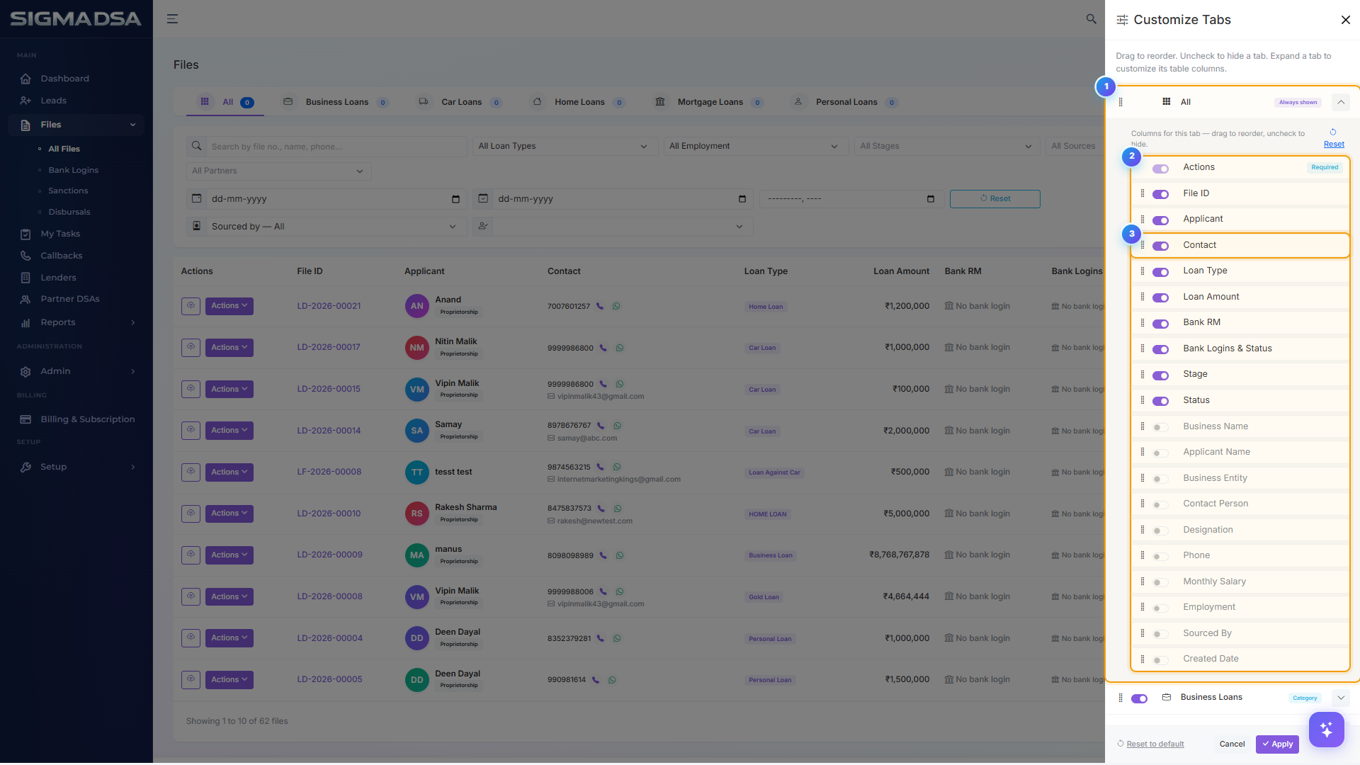 Tab customizer with the All Files row expanded showing every available column