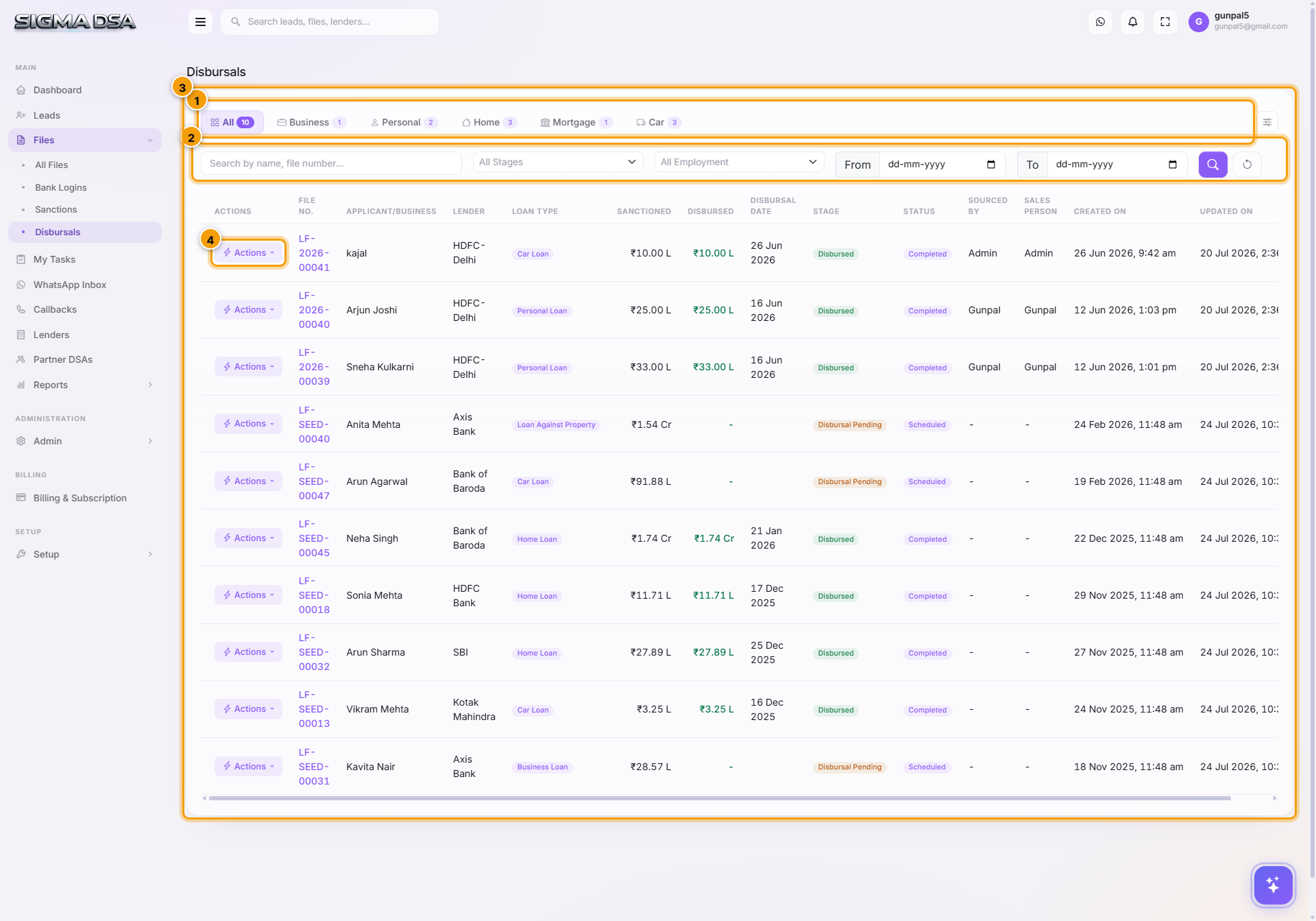 Disbursals page with the category tabs, filters, table and row Actions highlighted