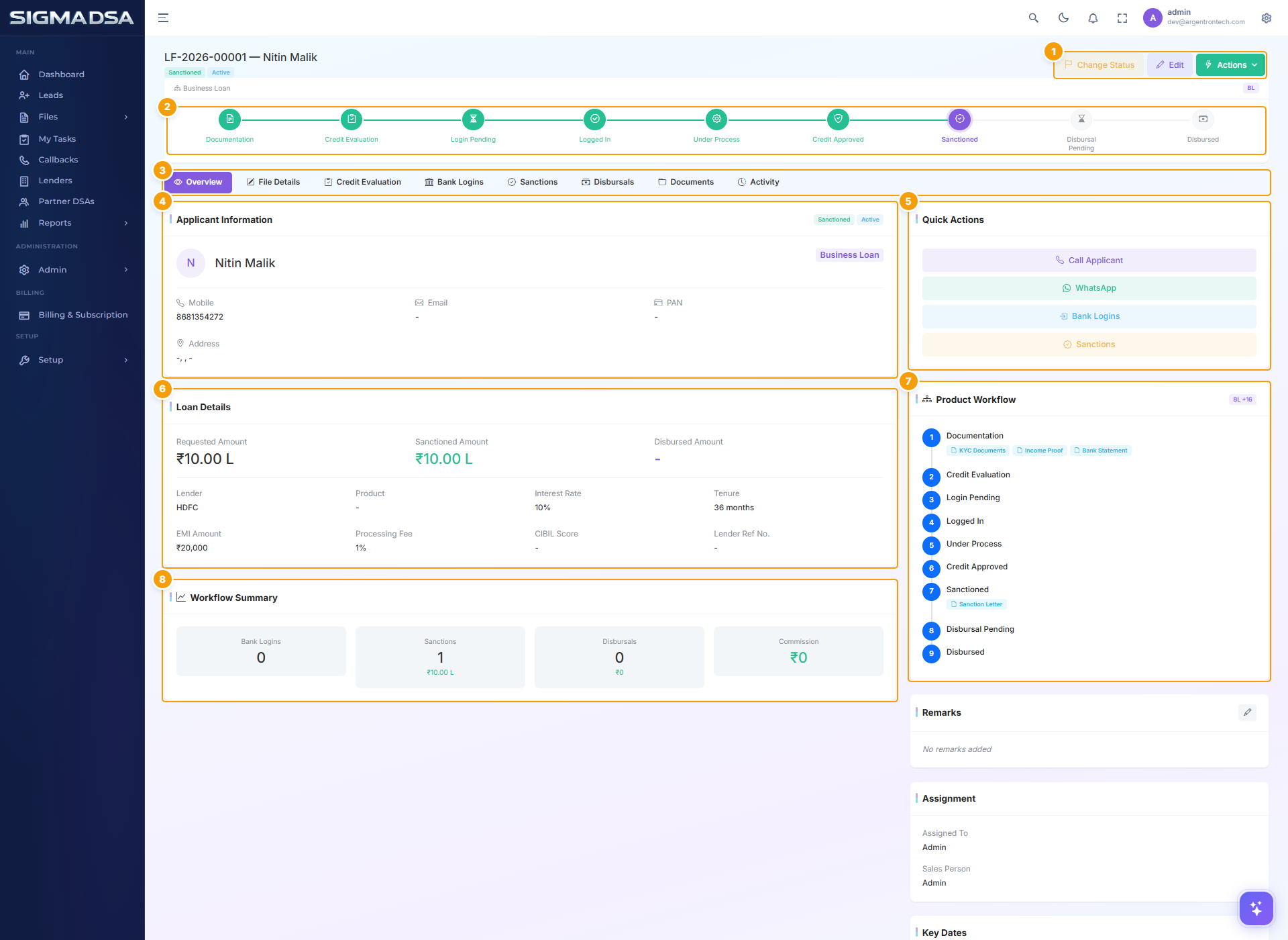 File detail Overview tab — stage stepper and current stage/status pills visible in header