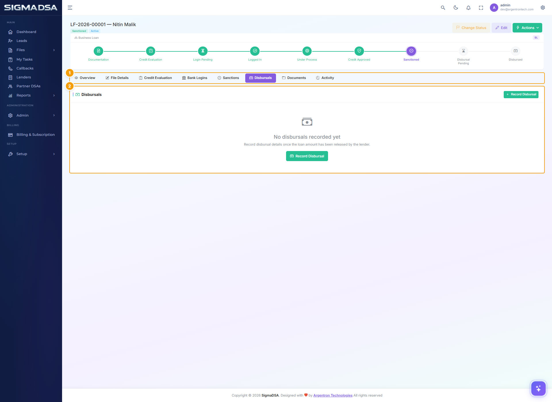 Disbursals tab empty state with Record Disbursal CTA