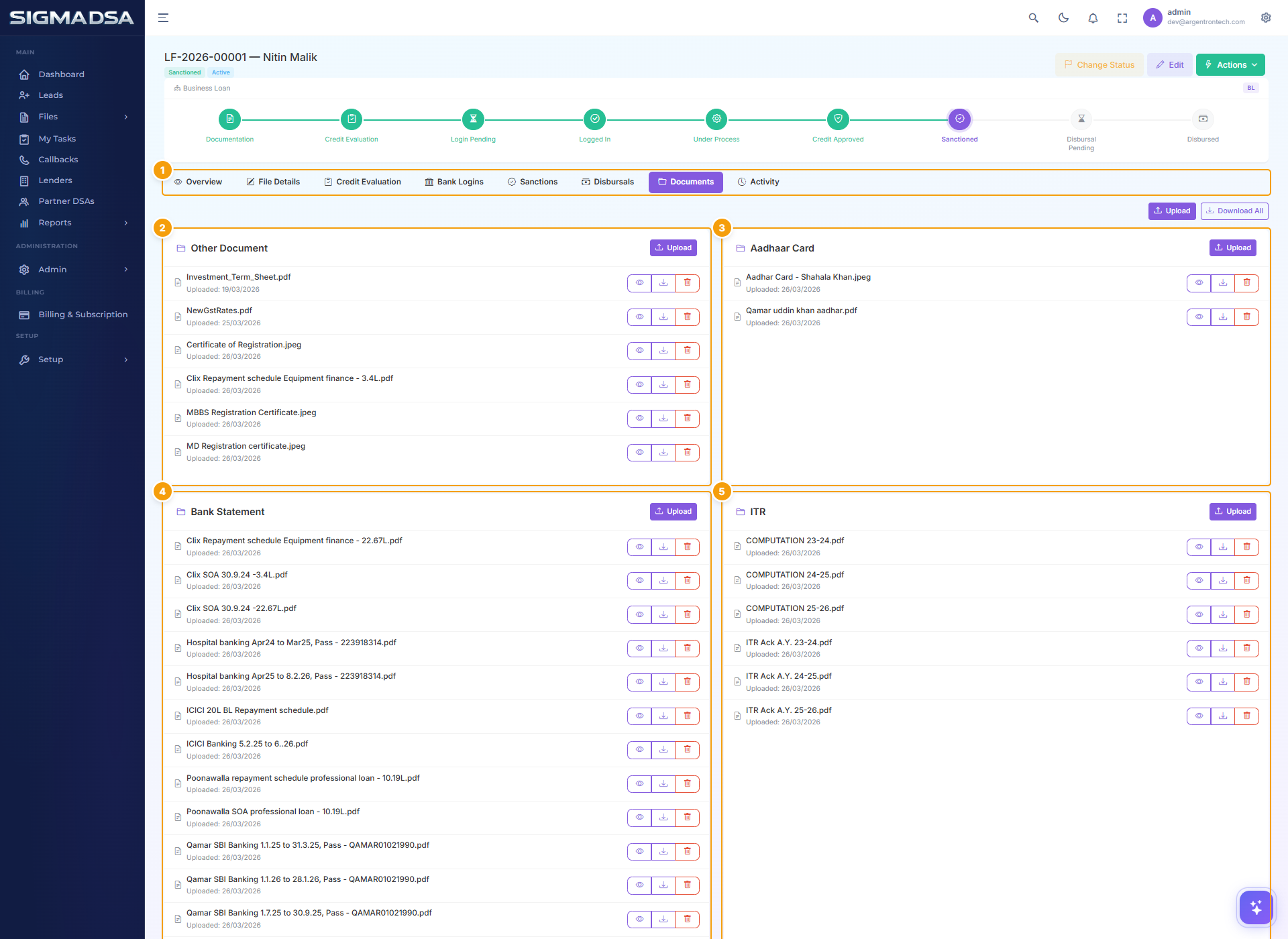 Documents tab on a disbursed home loan showing the uploaded document checklist