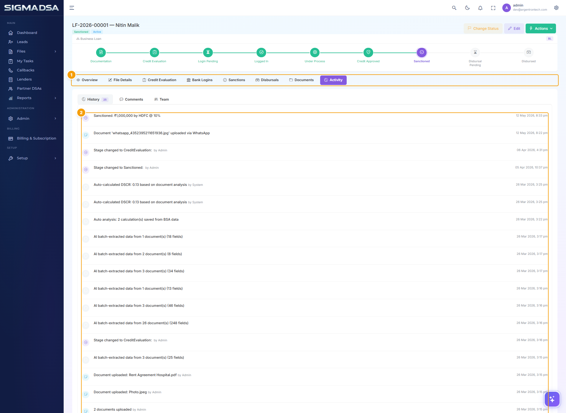 Activity tab on a disbursed home loan showing chronological events