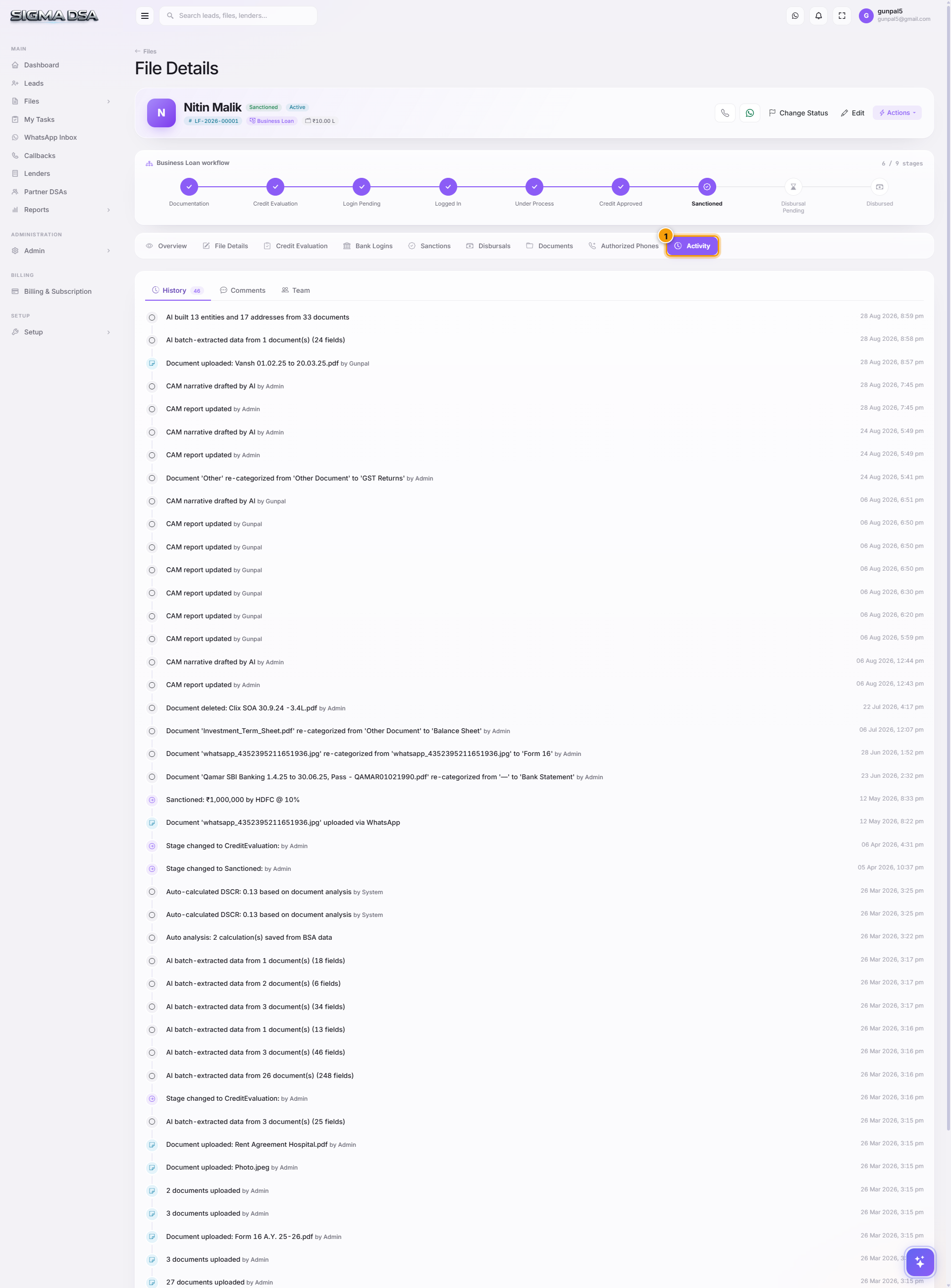 Activity tab on a disbursed home loan showing chronological events