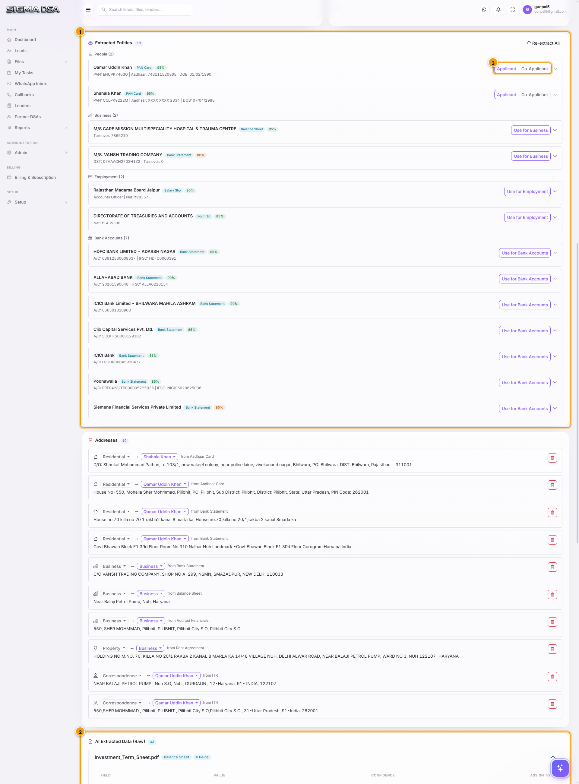 File Details tab with Extracted Entities and AI Extracted Data sections highlighted, plus an Assign button