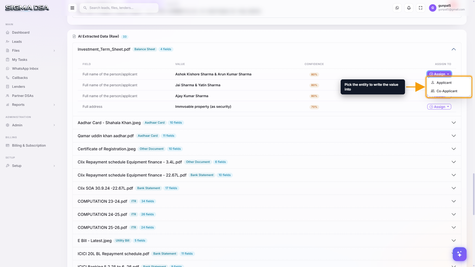 Assign dropdown showing Applicant and Co-Applicant options