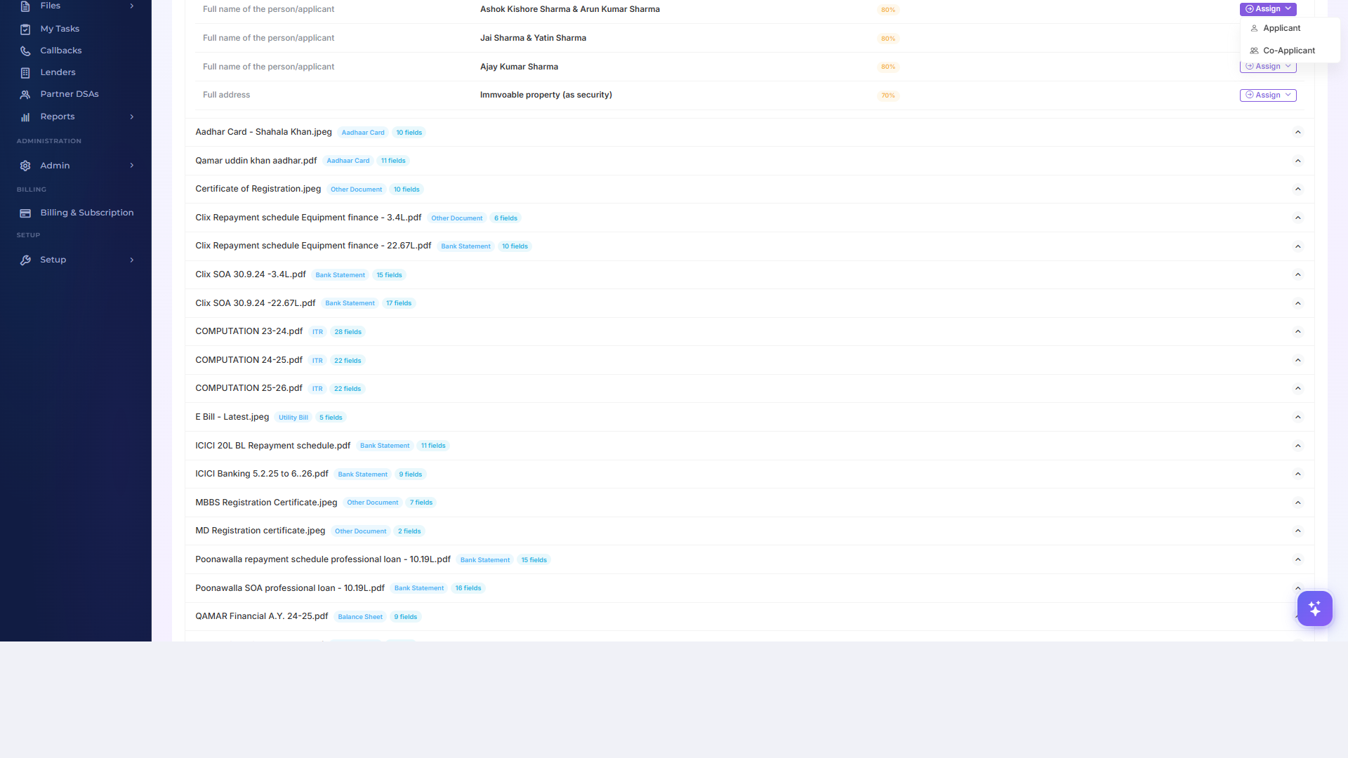 Assign dropdown showing Applicant and Co-Applicant options