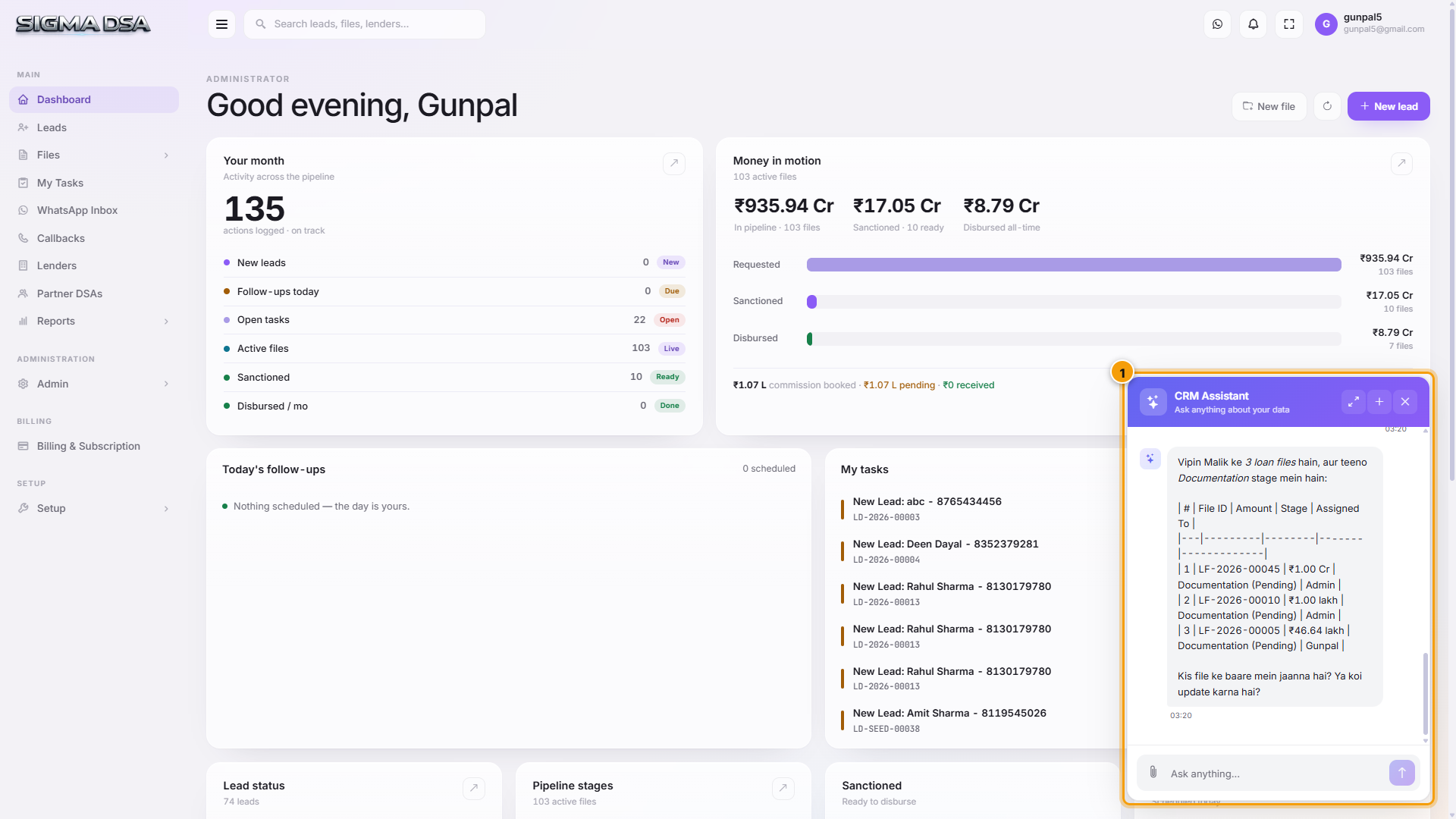 Dashboard with the AI floating action button bottom-right and the CRM Assistant panel open above it highlighted