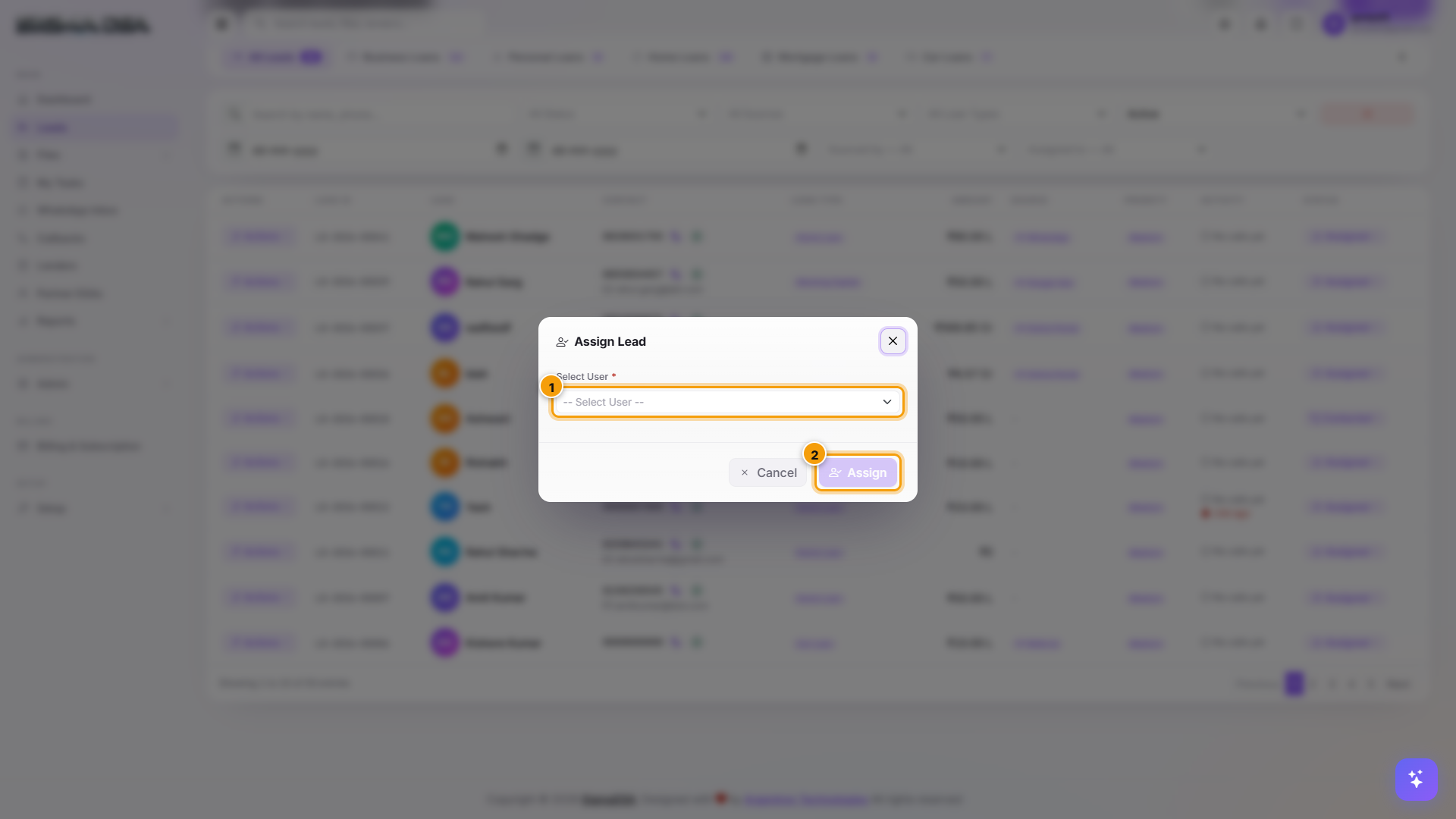 Assign Lead modal with the Select User dropdown and Assign button highlighted
