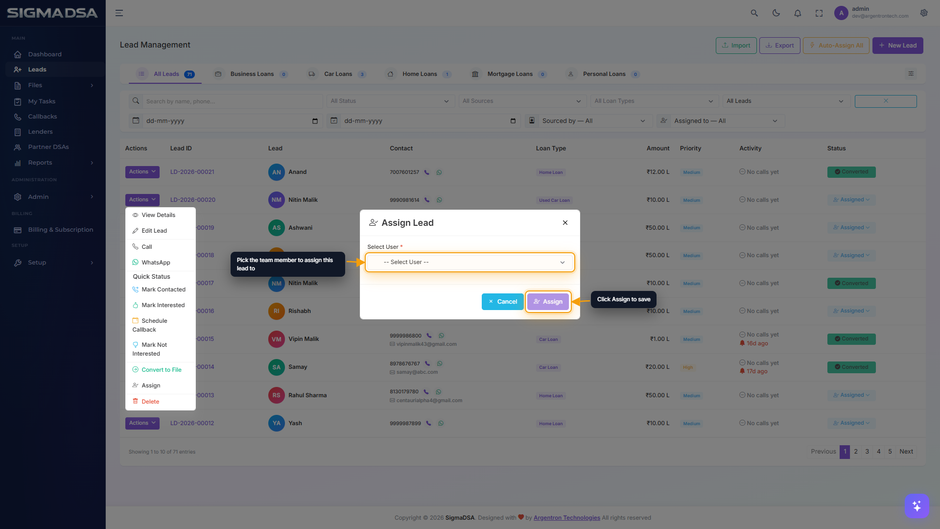 Assign Lead modal with the Select User dropdown and Assign button highlighted