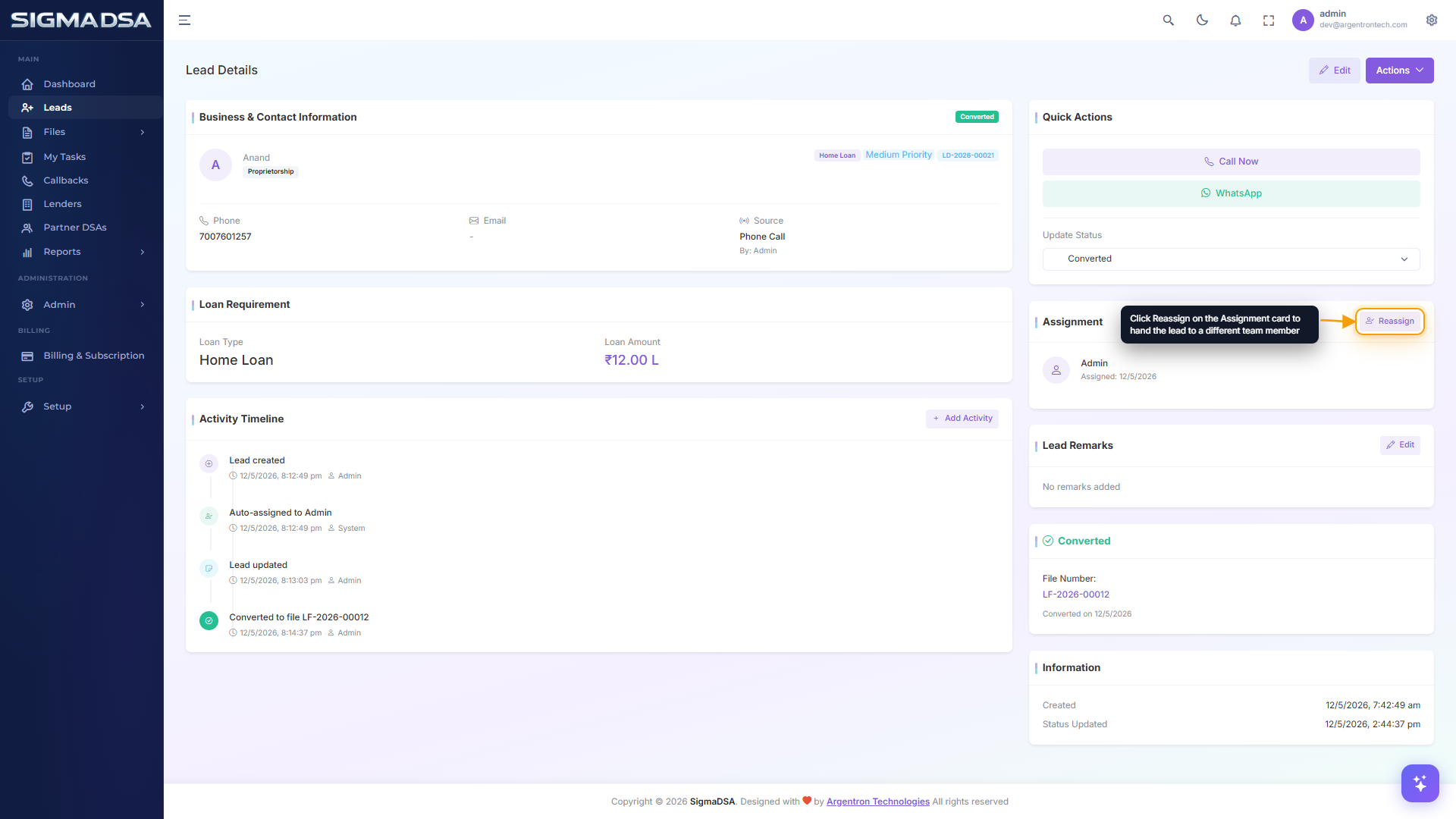 Lead detail page with the Reassign button on the Assignment card highlighted