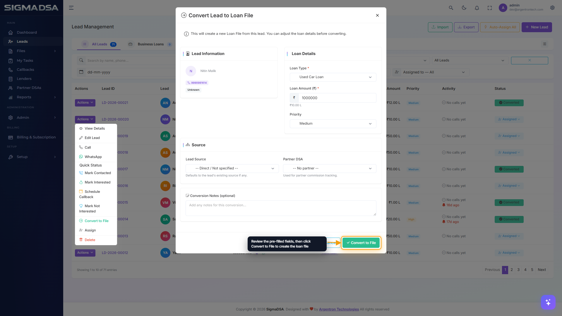 Convert Lead to Loan File modal with the Convert to File submit button highlighted